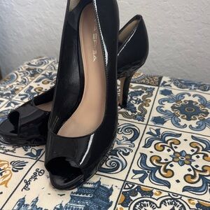 Via Spiga Glossy Black Peep-Toe Heels